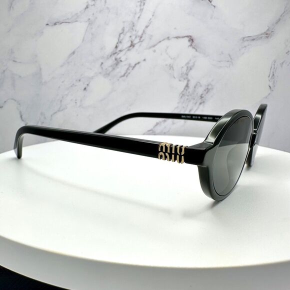 New MIU MIU Sunglasses Black Acetate Slim Round Gold Metal Logo Authentic Women - Picture 4 of 16